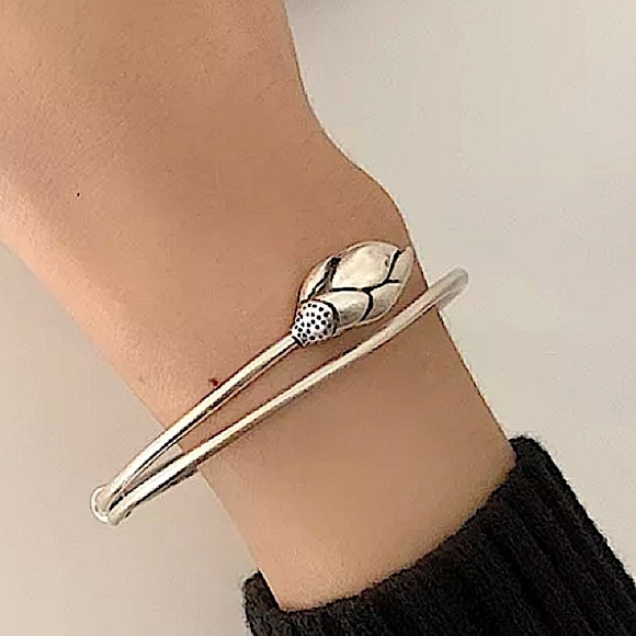 Sterling Silver Rose Flower Bangle Bracelet - Picture 6 of 9